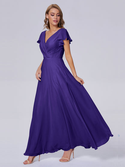 Genevieve V Neck Chiffon Long Bridesmaid Dresses with Sleeves