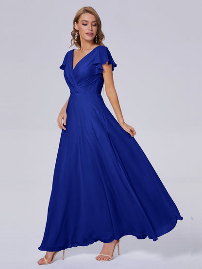 Genevieve V Neck Chiffon Long Bridesmaid Dresses with Sleeves
