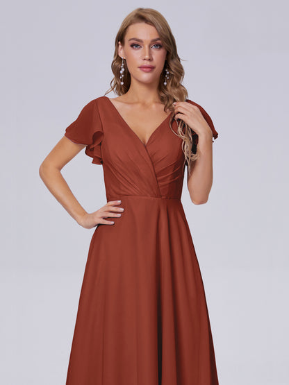 Genevieve V Neck Chiffon Long Bridesmaid Dresses with Sleeves