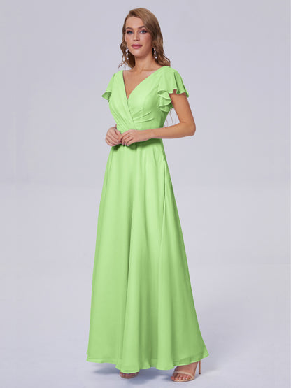 Genevieve V Neck Chiffon Long Bridesmaid Dresses with Sleeves