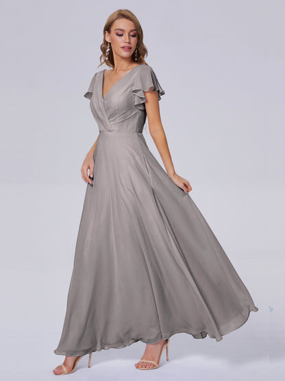 Genevieve V Neck Chiffon Long Bridesmaid Dresses with Sleeves
