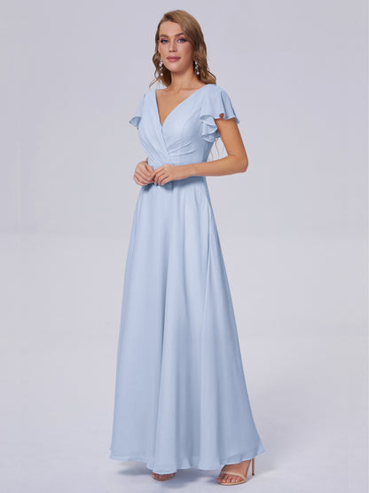 Genevieve V Neck Chiffon Long Bridesmaid Dresses with Sleeves