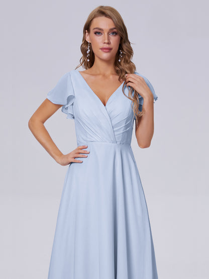 Genevieve V Neck Chiffon Long Bridesmaid Dresses with Sleeves