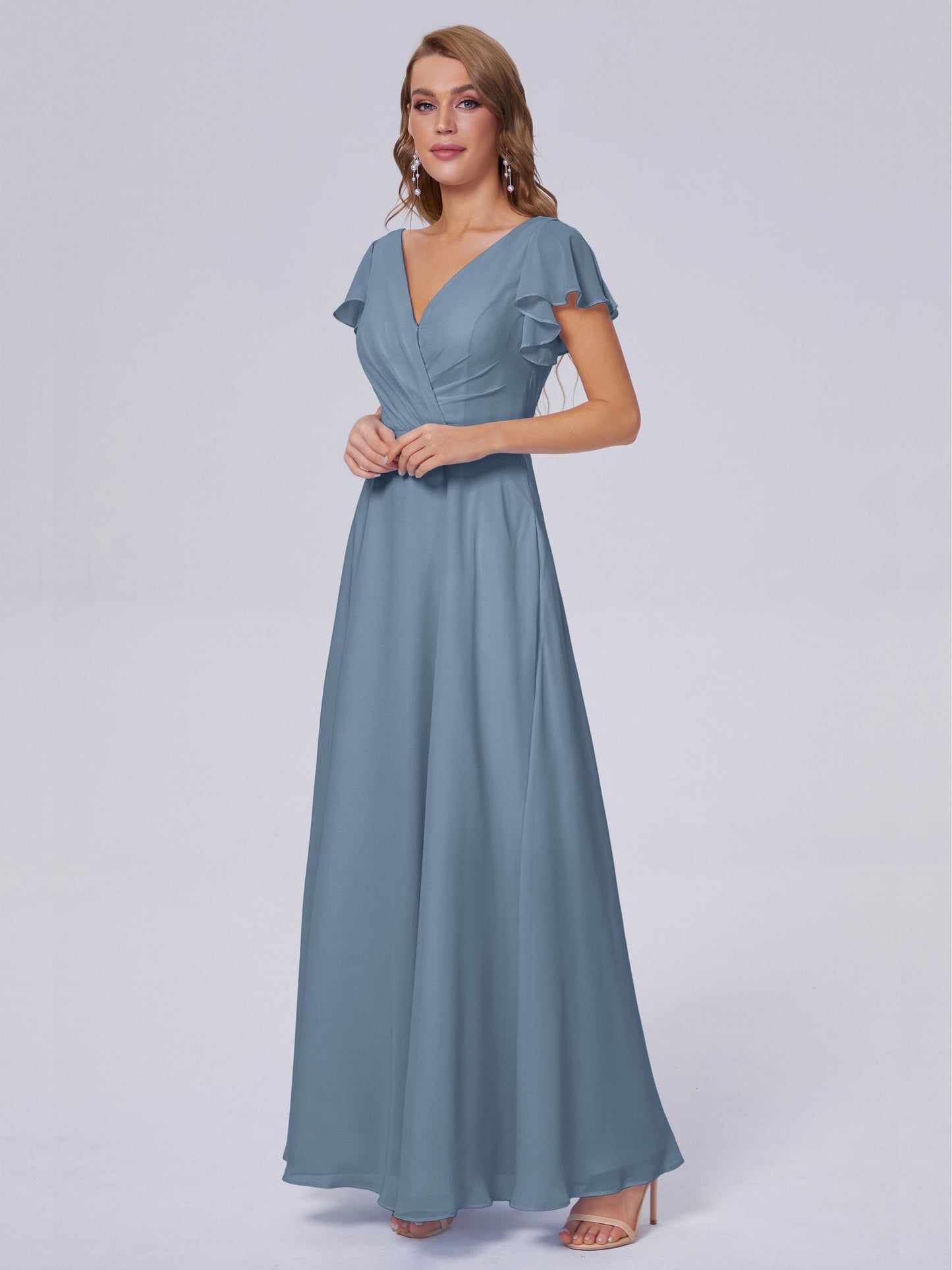 Genevieve V Neck Chiffon Long Bridesmaid Dresses with Sleeves