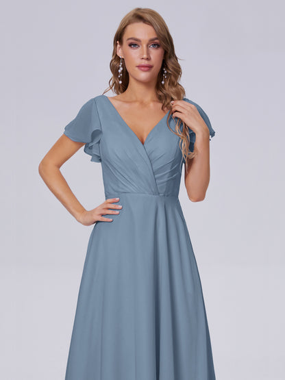 Genevieve V Neck Chiffon Long Bridesmaid Dresses with Sleeves