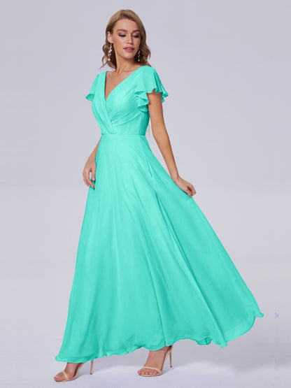 Genevieve V Neck Chiffon Long Bridesmaid Dresses with Sleeves