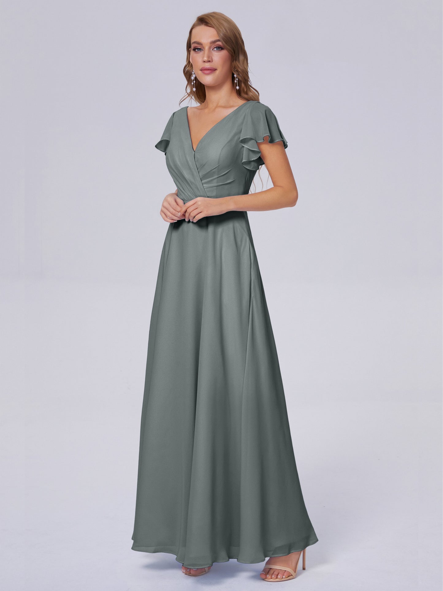 Genevieve V Neck Chiffon Long Bridesmaid Dresses with Sleeves