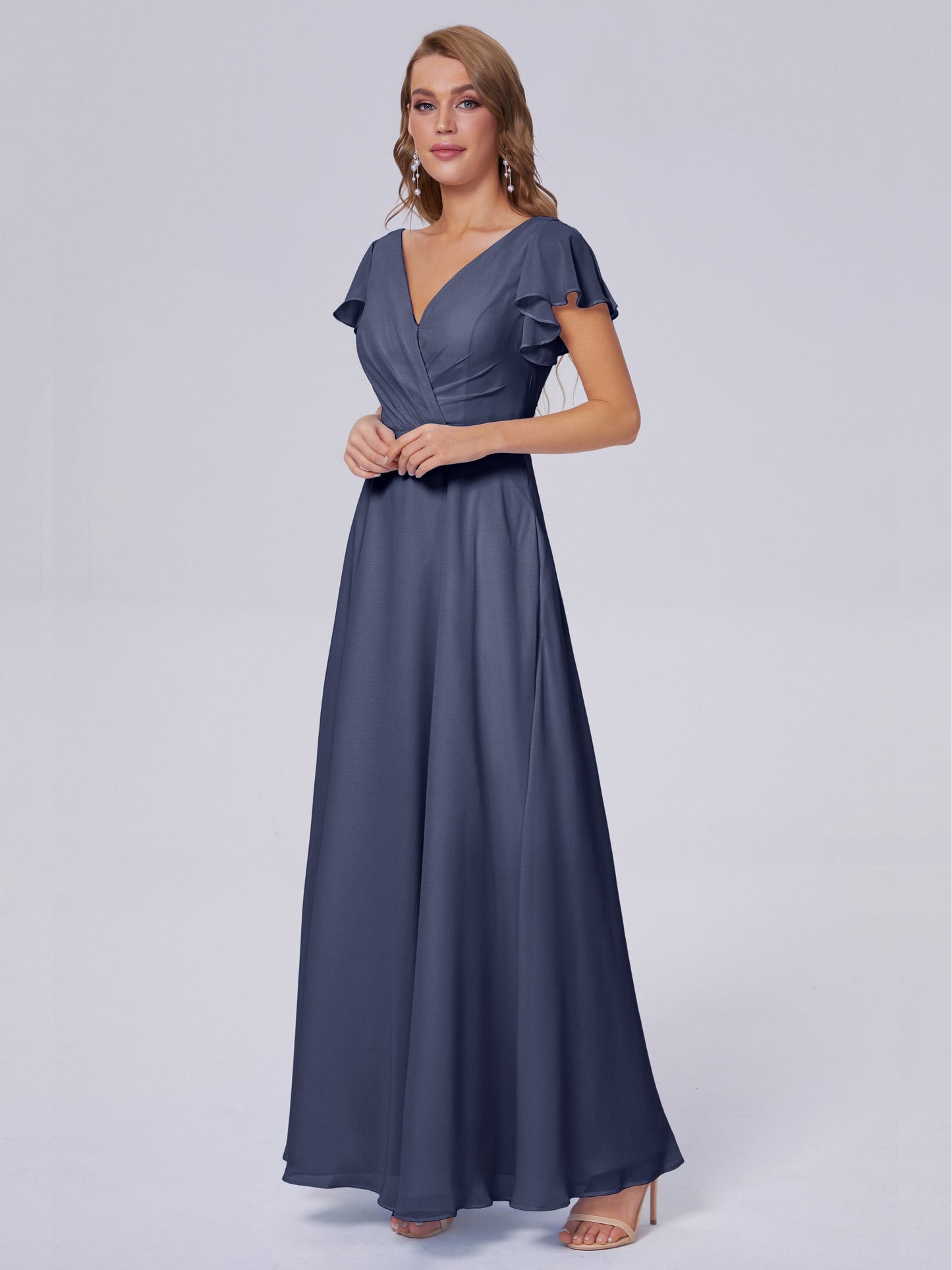 Genevieve V Neck Chiffon Long Bridesmaid Dresses with Sleeves