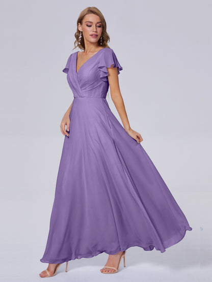 Genevieve V Neck Chiffon Long Bridesmaid Dresses with Sleeves