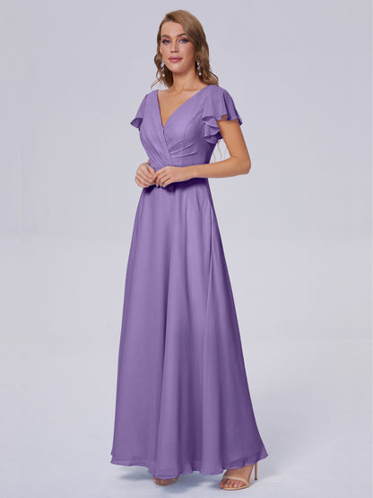 Genevieve V Neck Chiffon Long Bridesmaid Dresses with Sleeves