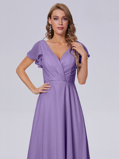 Genevieve V Neck Chiffon Long Bridesmaid Dresses with Sleeves