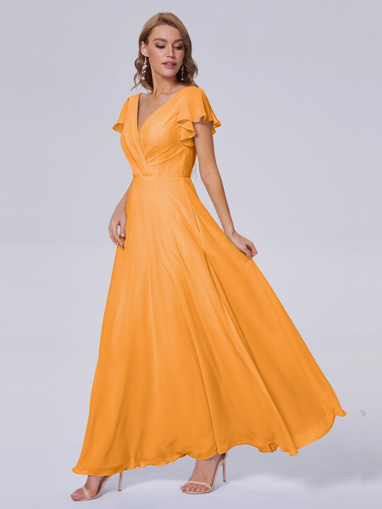 Genevieve V Neck Chiffon Long Bridesmaid Dresses with Sleeves