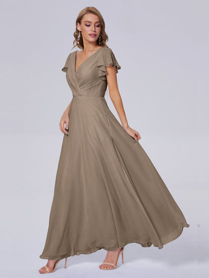 Genevieve V Neck Chiffon Long Bridesmaid Dresses with Sleeves