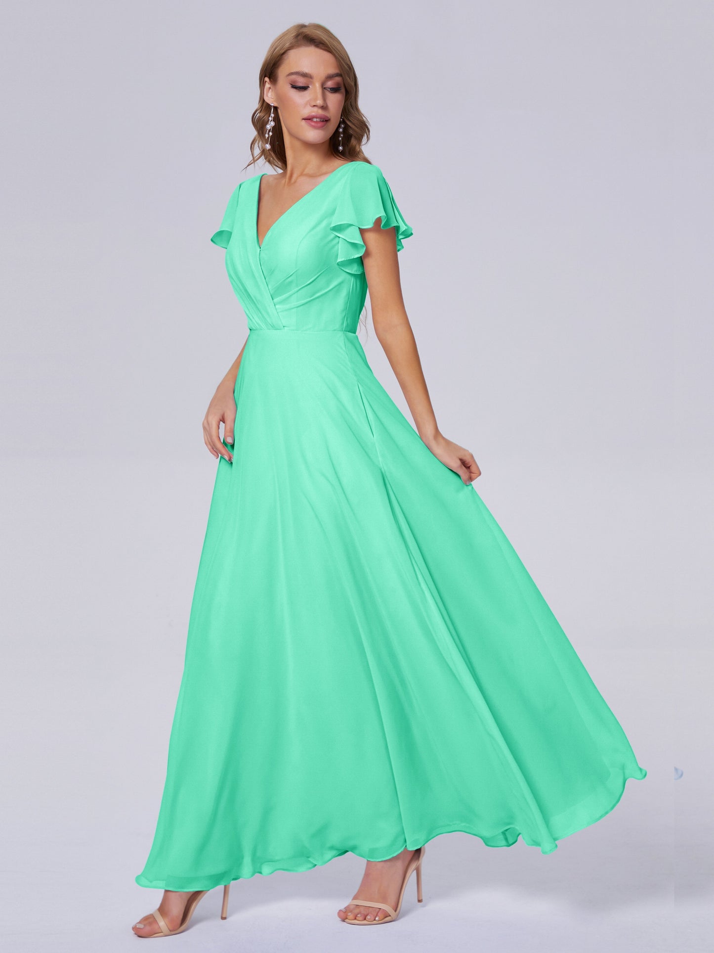 Genevieve V Neck Chiffon Long Bridesmaid Dresses with Sleeves