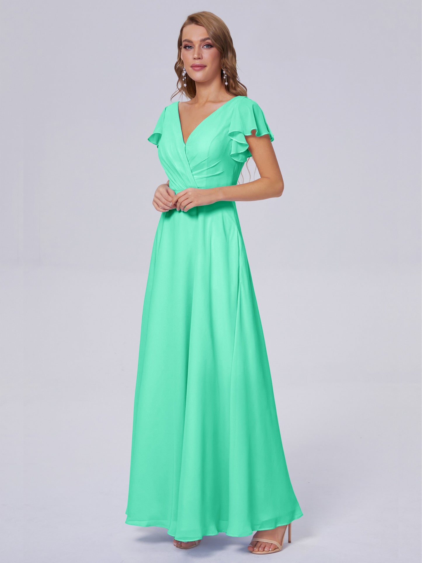 Genevieve V Neck Chiffon Long Bridesmaid Dresses with Sleeves