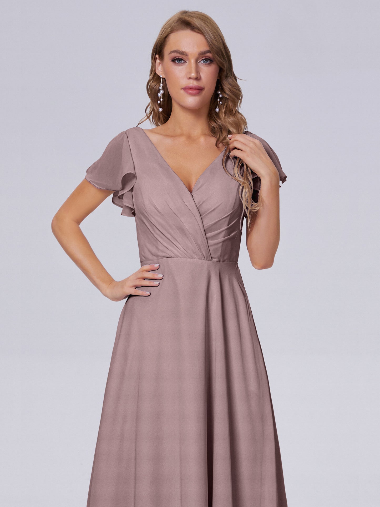 Genevieve V Neck Chiffon Long Bridesmaid Dresses with Sleeves