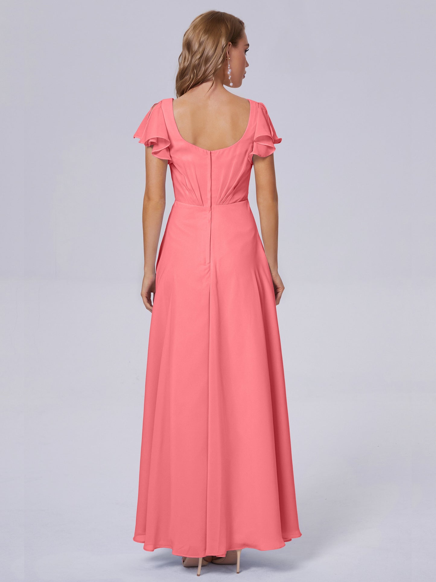 Genevieve V Neck Chiffon Long Bridesmaid Dresses with Sleeves