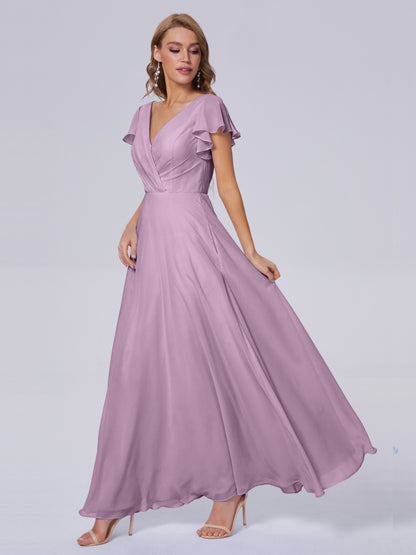 Genevieve V Neck Chiffon Long Bridesmaid Dresses with Sleeves