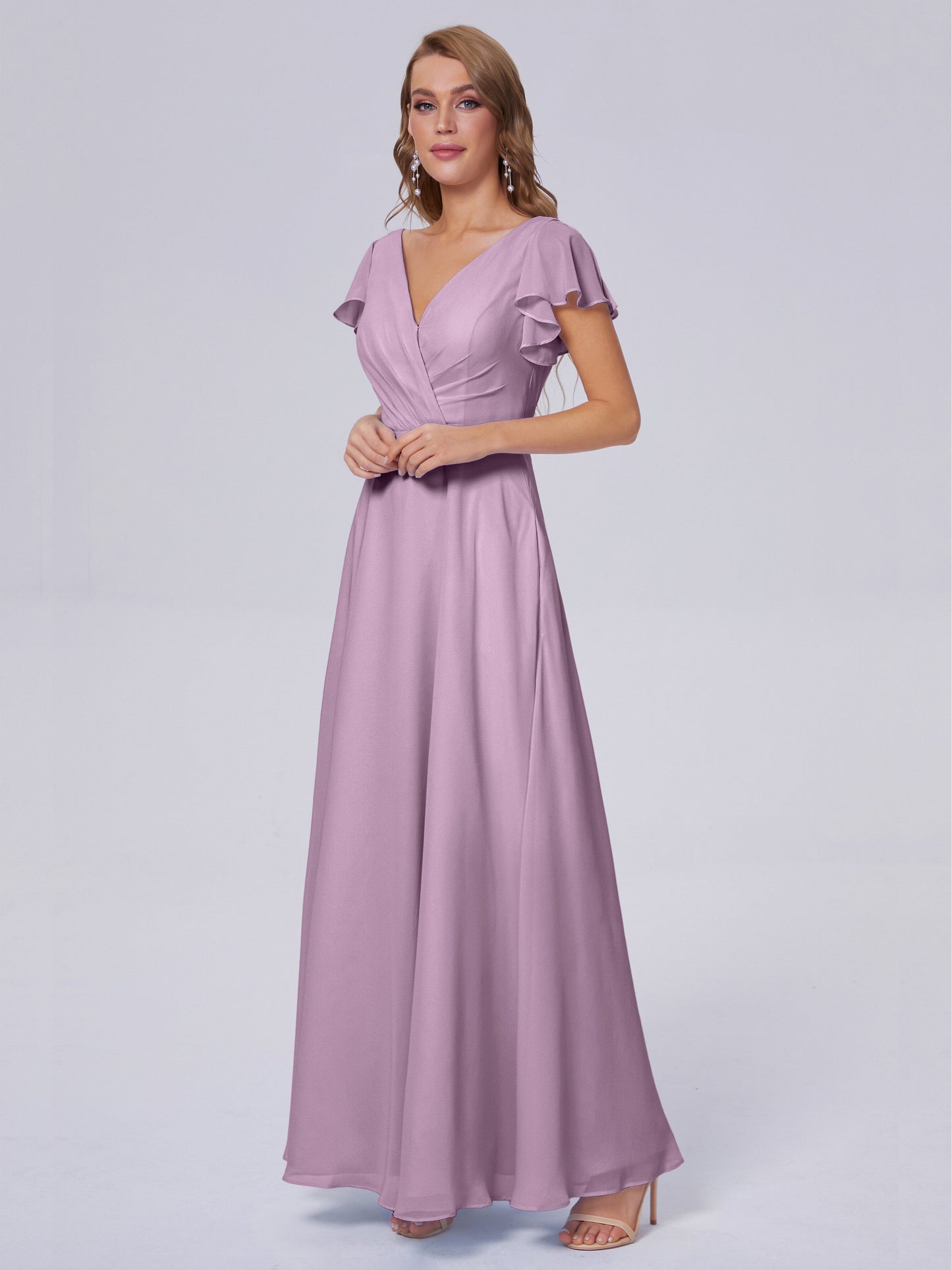 Genevieve V Neck Chiffon Long Bridesmaid Dresses with Sleeves
