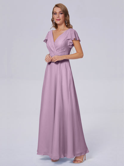 Genevieve V Neck Chiffon Long Bridesmaid Dresses with Sleeves