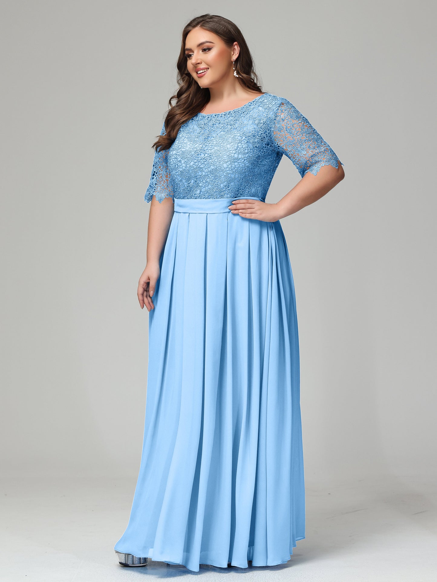 Illussion Neckline and Back Half Sleeves Scoop Lace Plus Size Bridesmaid Dresses