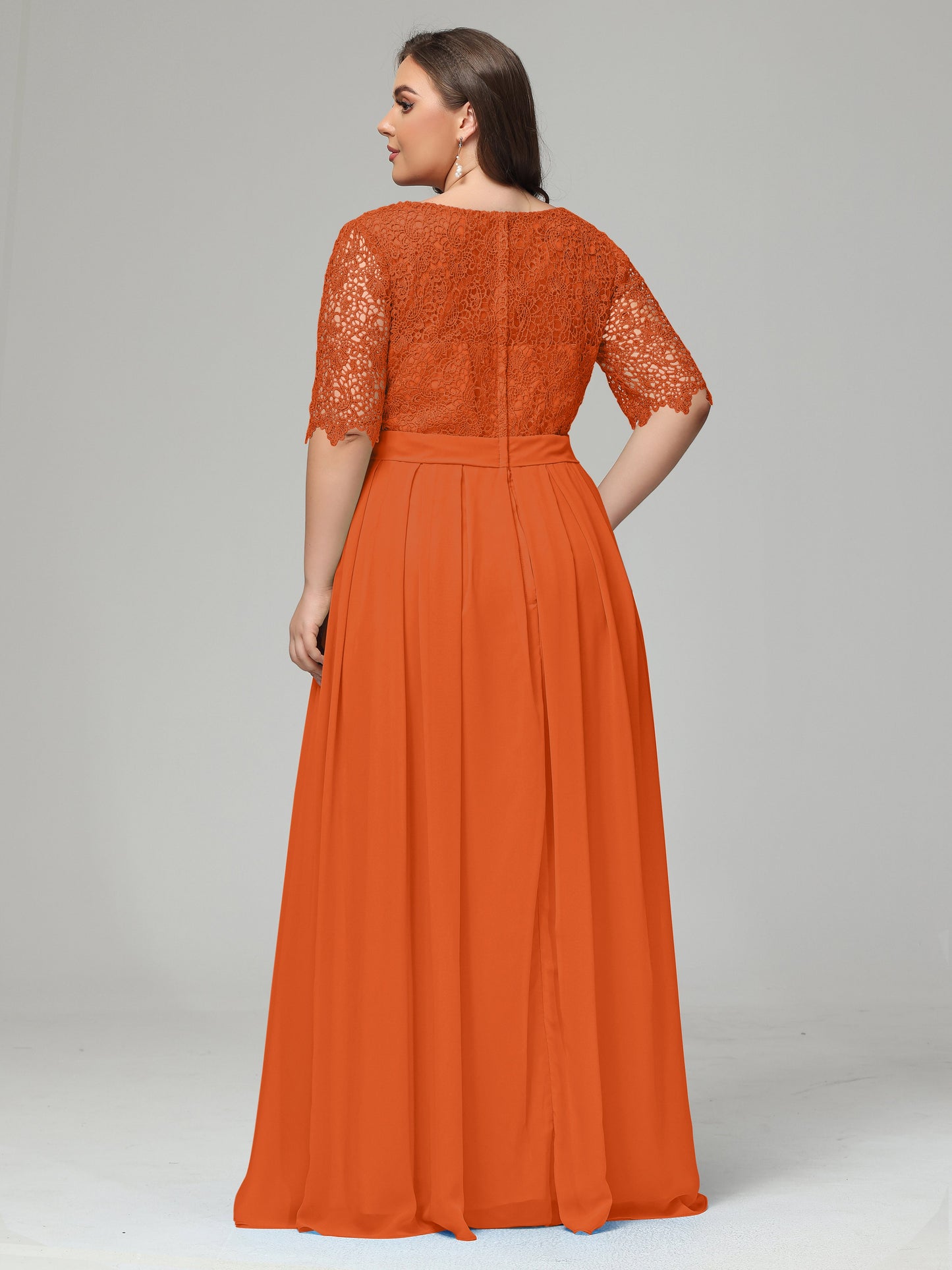 Illussion Neckline and Back Half Sleeves Scoop Lace Plus Size Bridesmaid Dresses