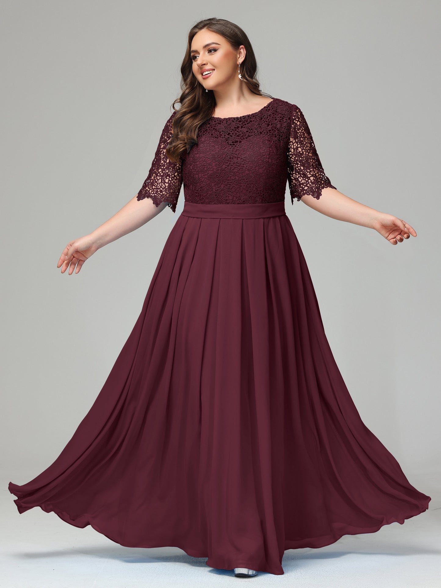 Illussion Neckline and Back Half Sleeves Scoop Lace Plus Size Bridesmaid Dresses