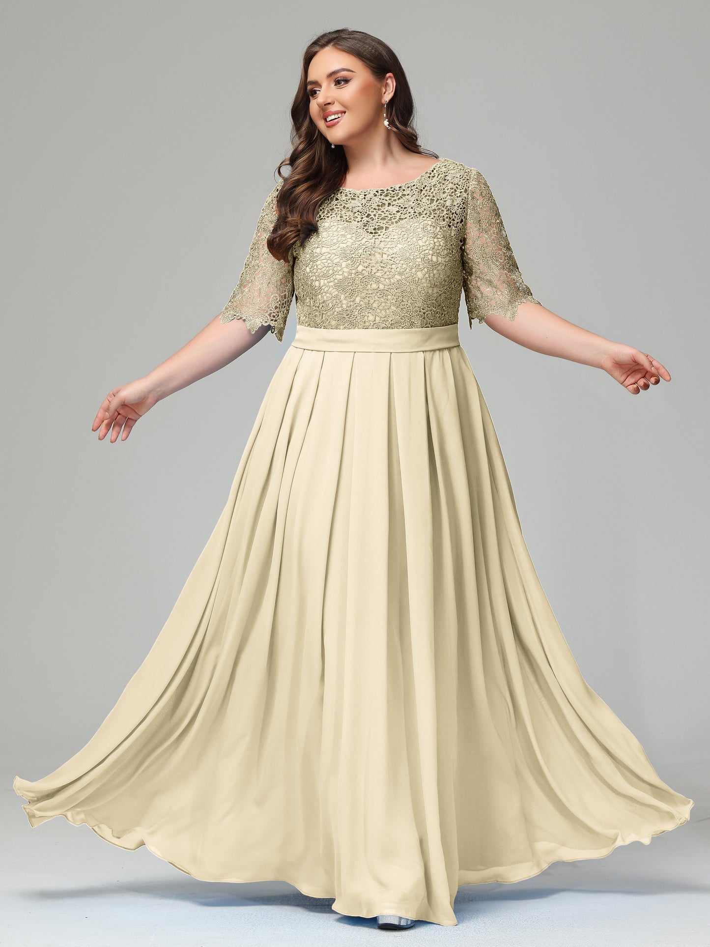 Illussion Neckline and Back Half Sleeves Scoop Lace Plus Size Bridesmaid Dresses