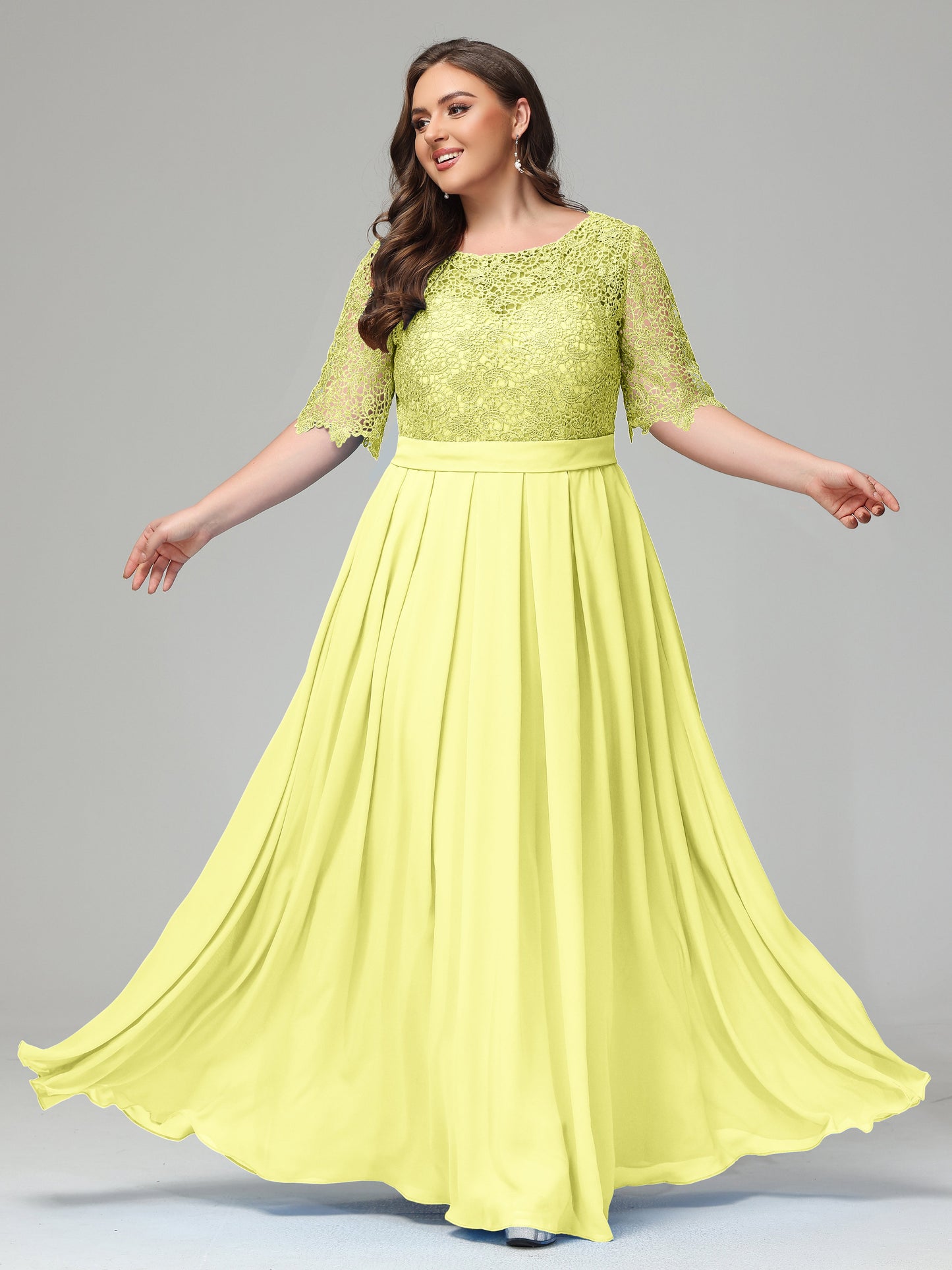 Illussion Neckline and Back Half Sleeves Scoop Lace Plus Size Bridesmaid Dresses