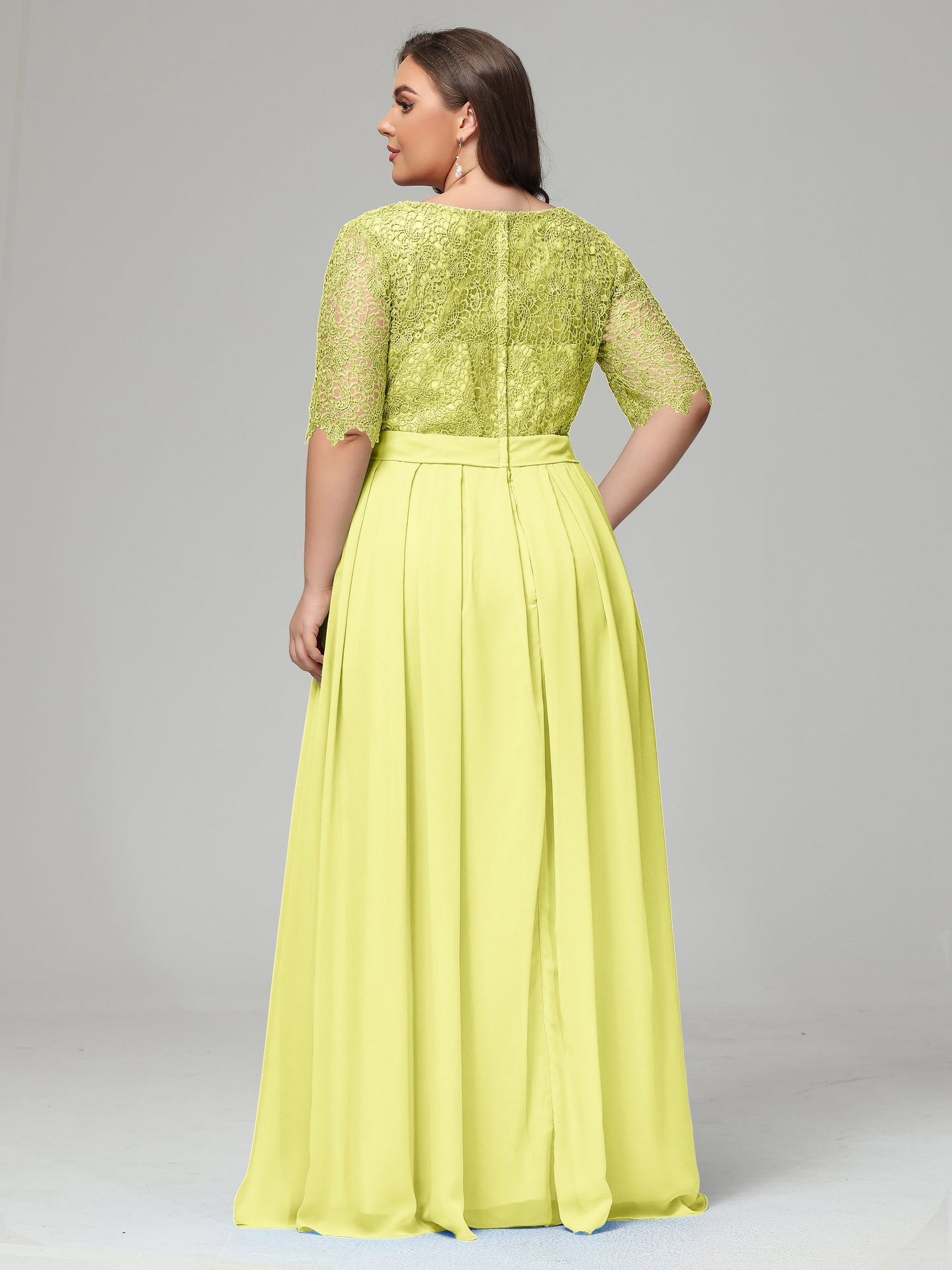 Illussion Neckline and Back Half Sleeves Scoop Lace Plus Size Bridesmaid Dresses