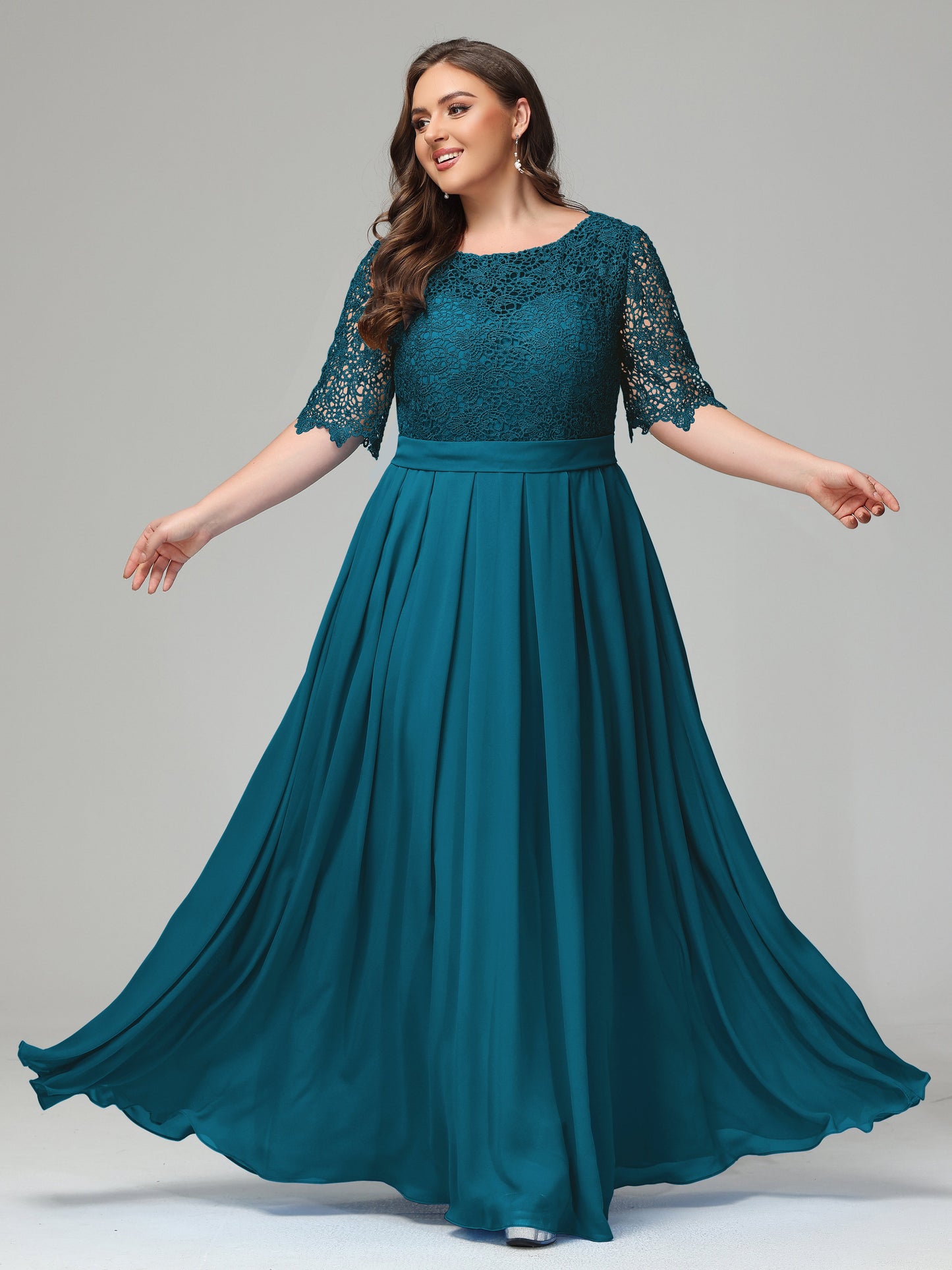 Illussion Neckline and Back Half Sleeves Scoop Lace Plus Size Bridesmaid Dresses