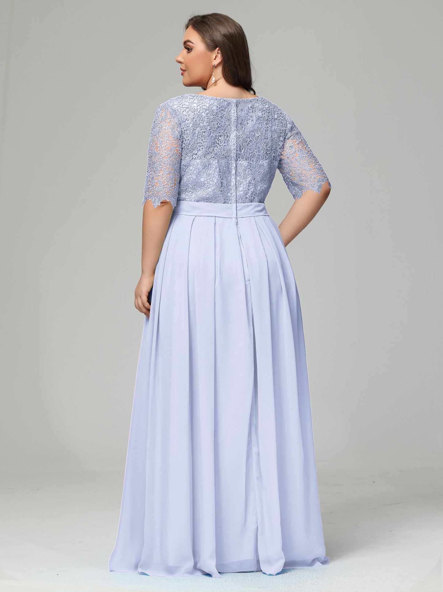 Illussion Neckline and Back Half Sleeves Scoop Lace Plus Size Bridesmaid Dresses