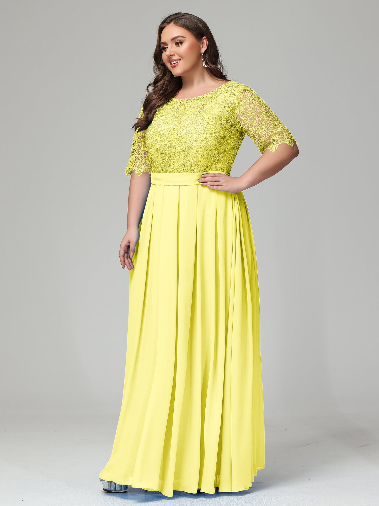 Illussion Neckline and Back Half Sleeves Scoop Lace Plus Size Bridesmaid Dresses