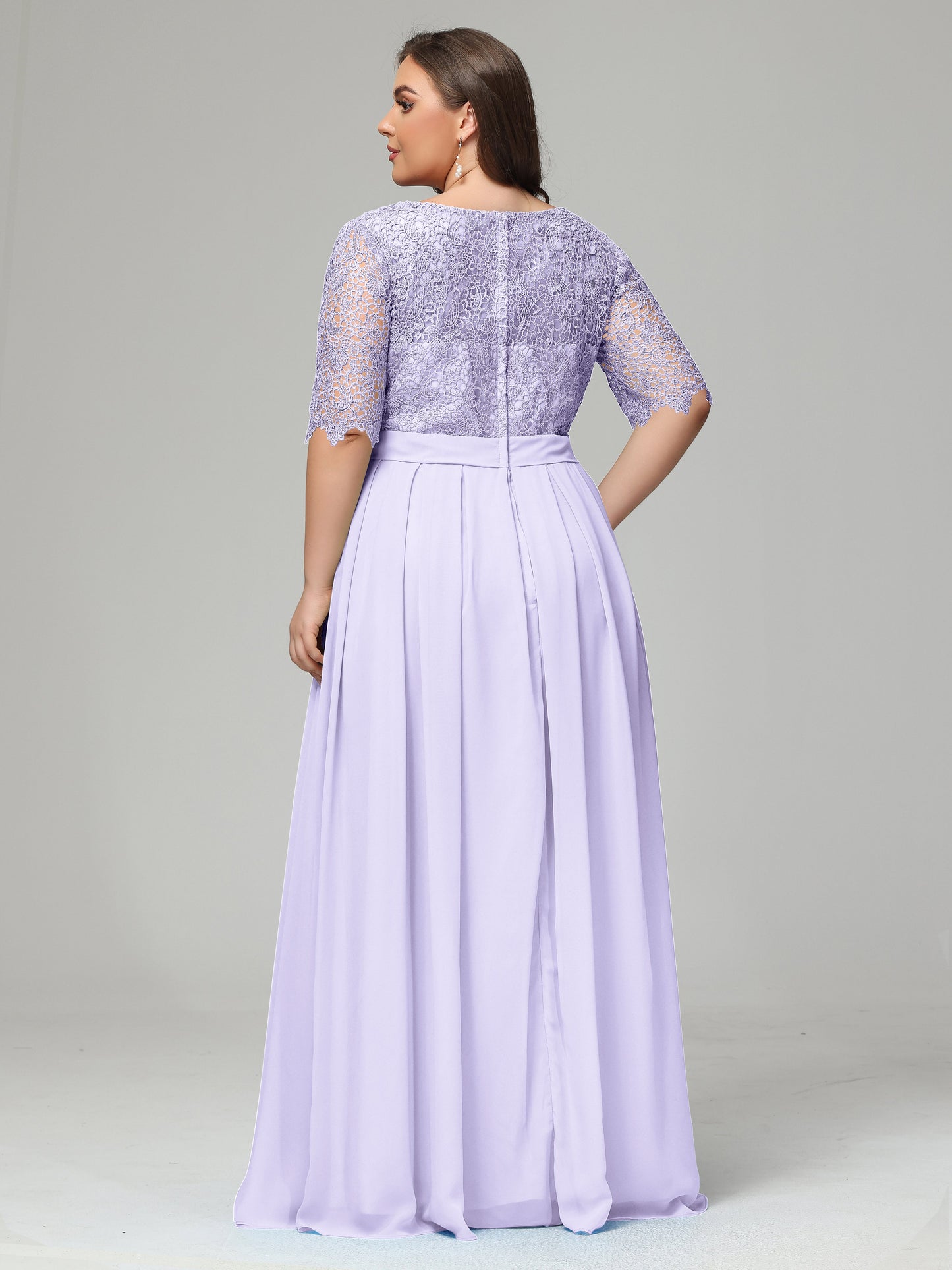 Illussion Neckline and Back Half Sleeves Scoop Lace Plus Size Bridesmaid Dresses