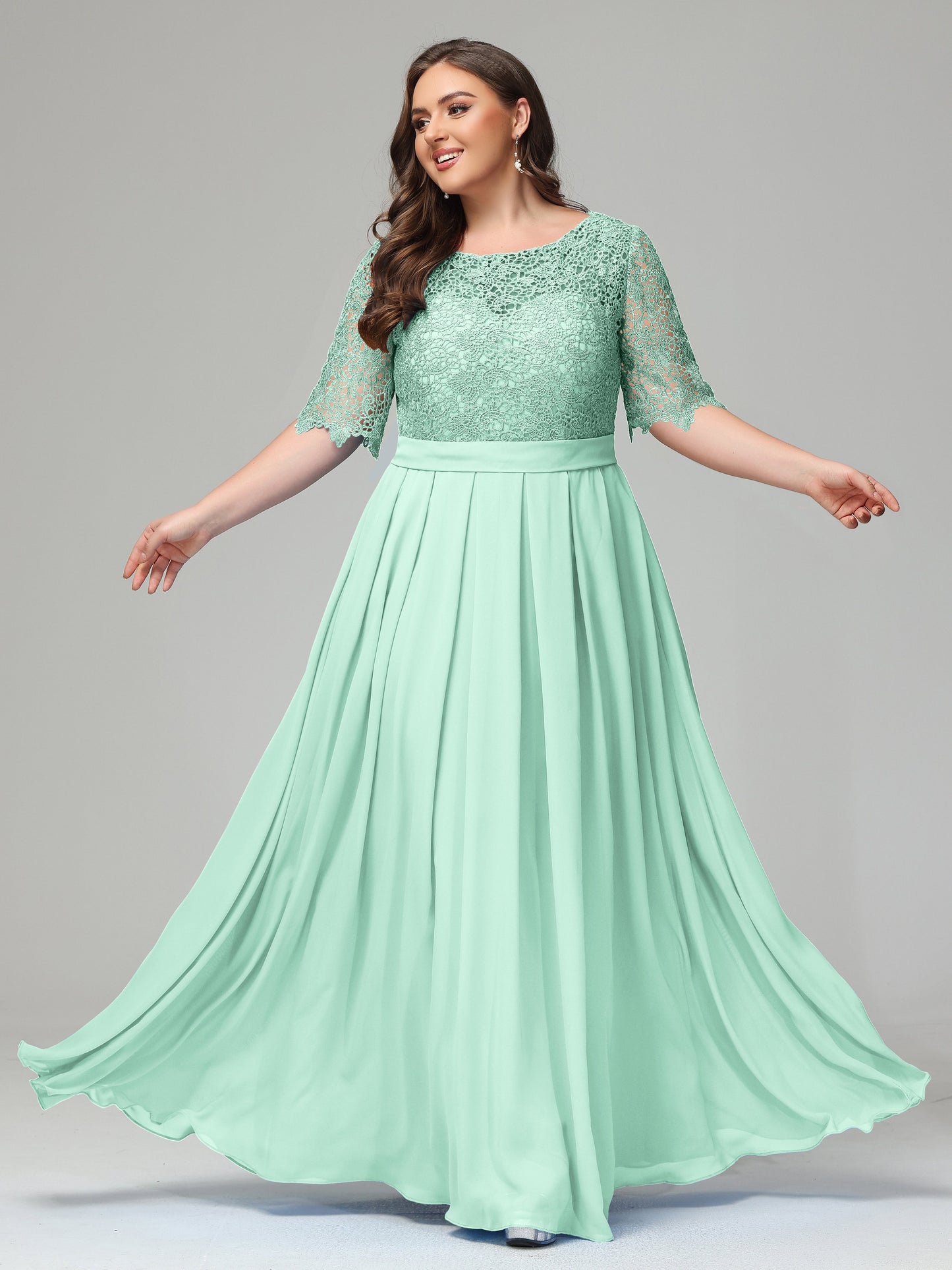 Illussion Neckline and Back Half Sleeves Scoop Lace Plus Size Bridesmaid Dresses
