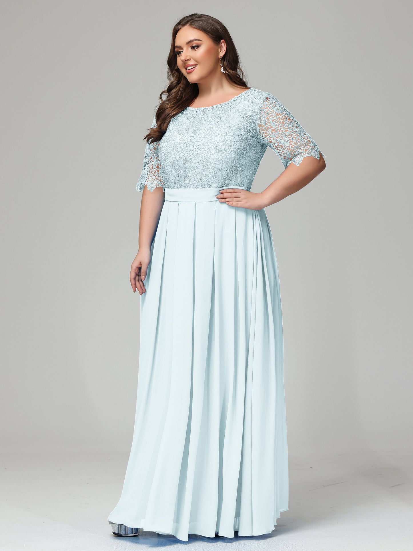 Illussion Neckline and Back Half Sleeves Scoop Lace Plus Size Bridesmaid Dresses