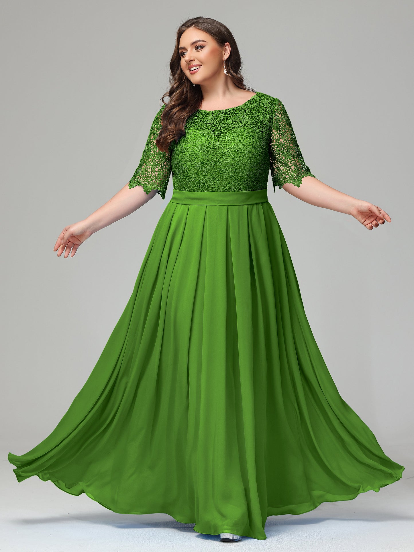 Illussion Neckline and Back Half Sleeves Scoop Lace Plus Size Bridesmaid Dresses