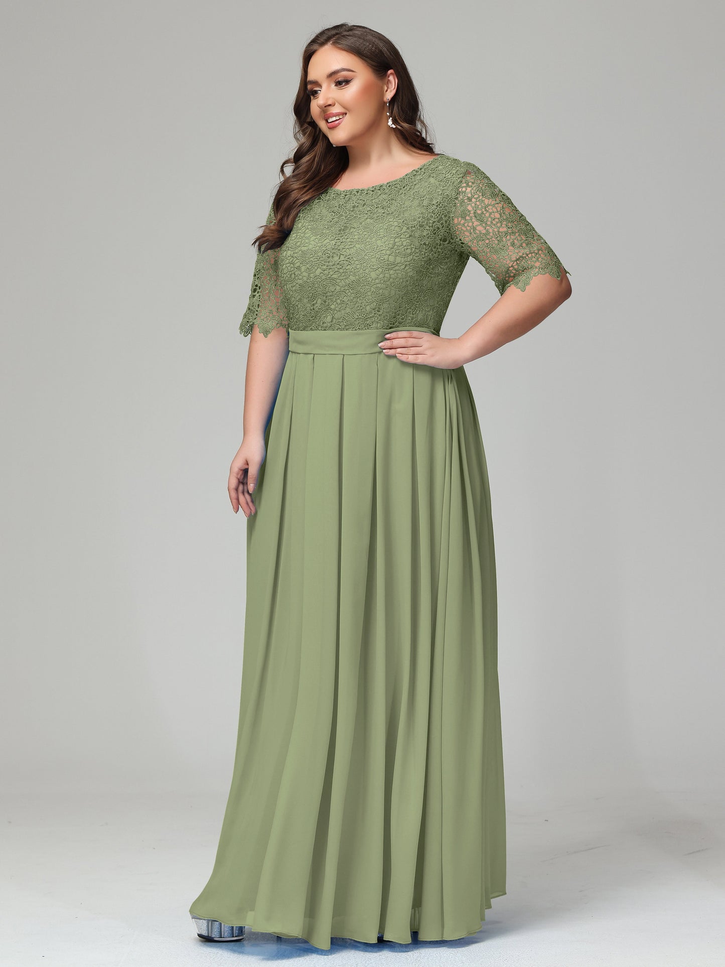 Illussion Neckline and Back Half Sleeves Scoop Lace Plus Size Bridesmaid Dresses