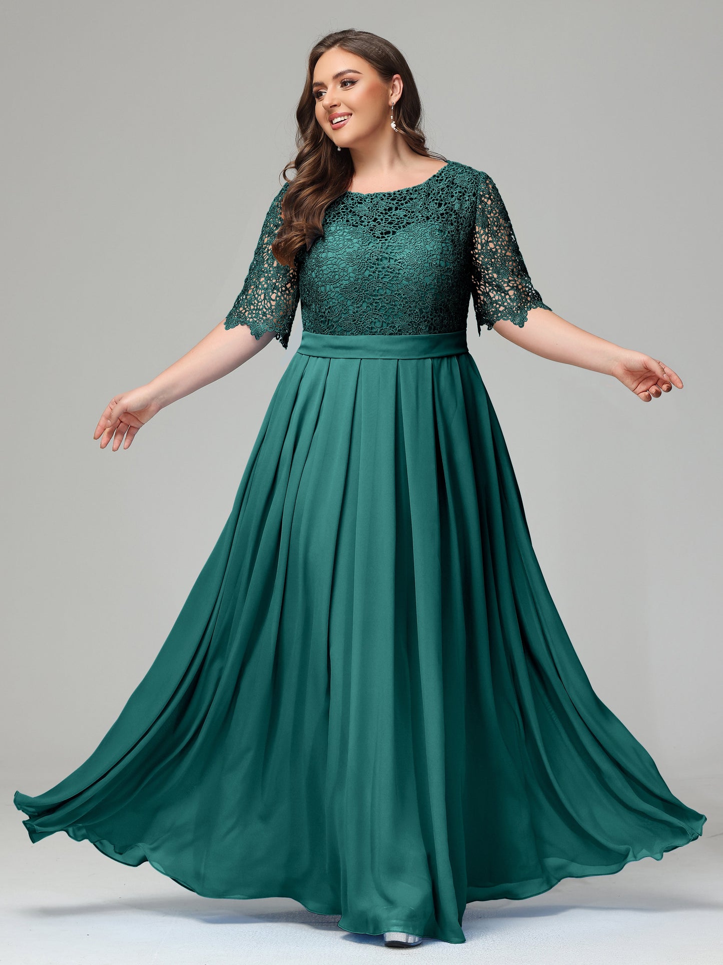 Illussion Neckline and Back Half Sleeves Scoop Lace Plus Size Bridesmaid Dresses