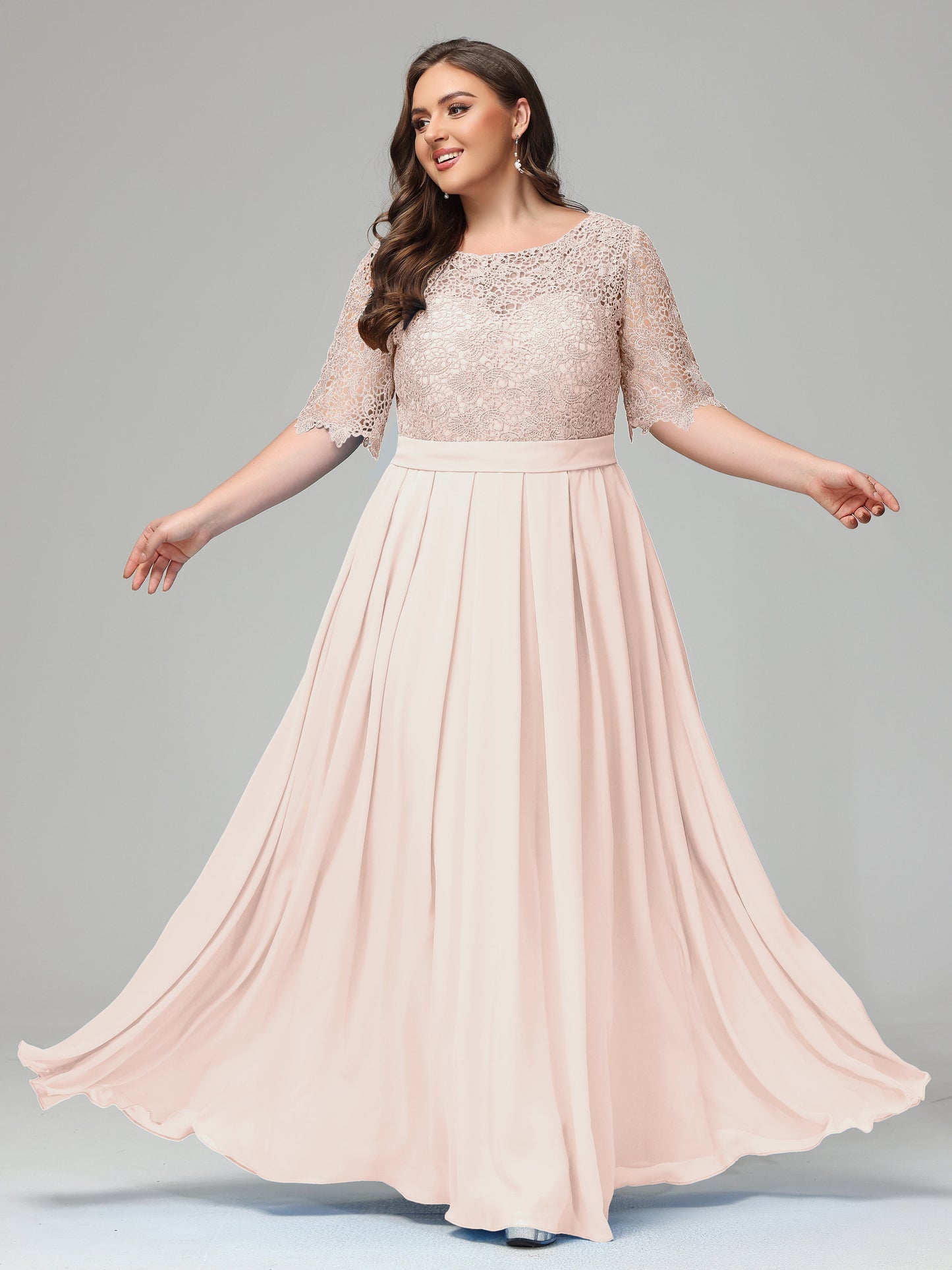 Illussion Neckline and Back Half Sleeves Scoop Lace Plus Size Bridesmaid Dresses