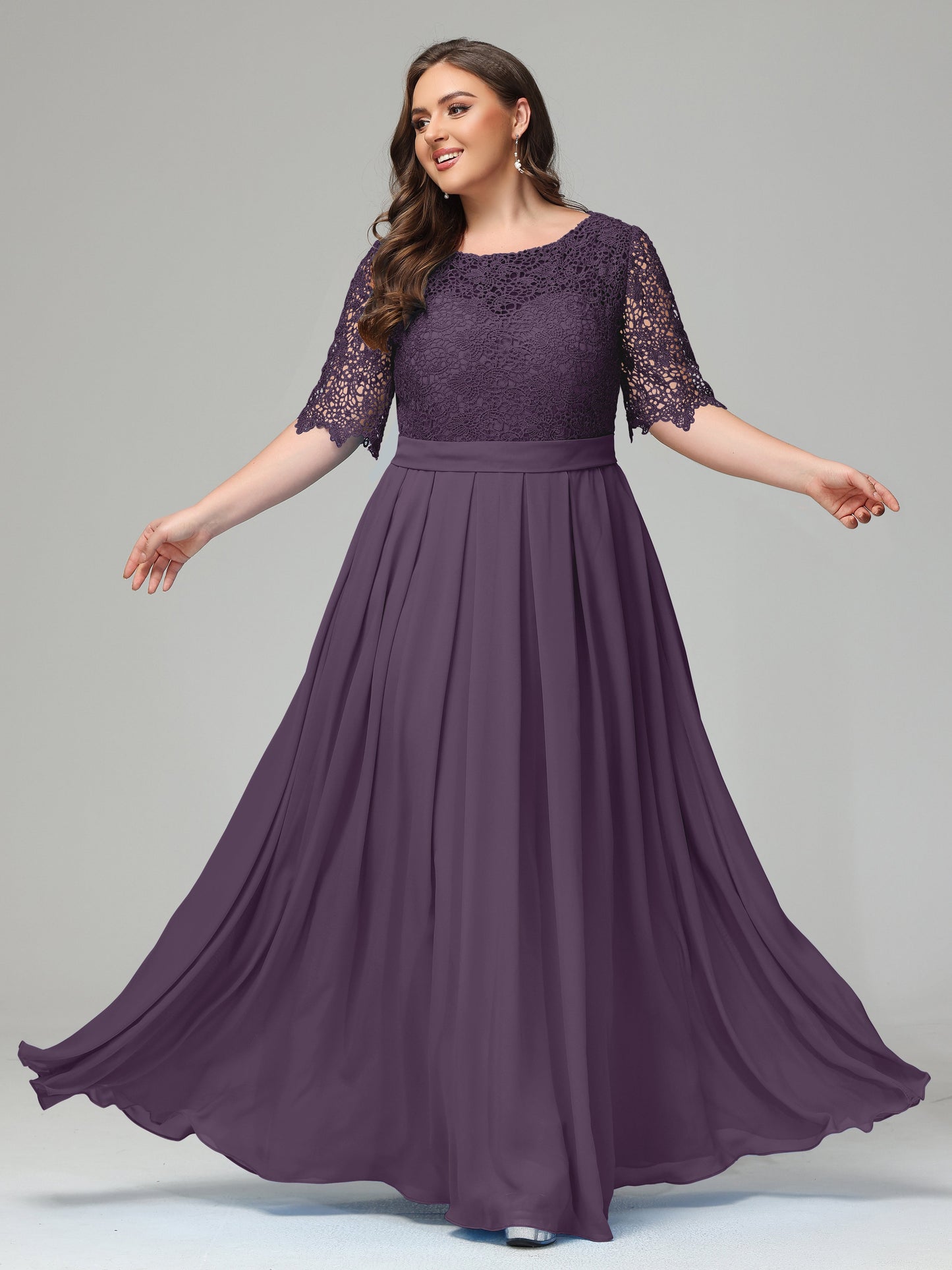 Illussion Neckline and Back Half Sleeves Scoop Lace Plus Size Bridesmaid Dresses