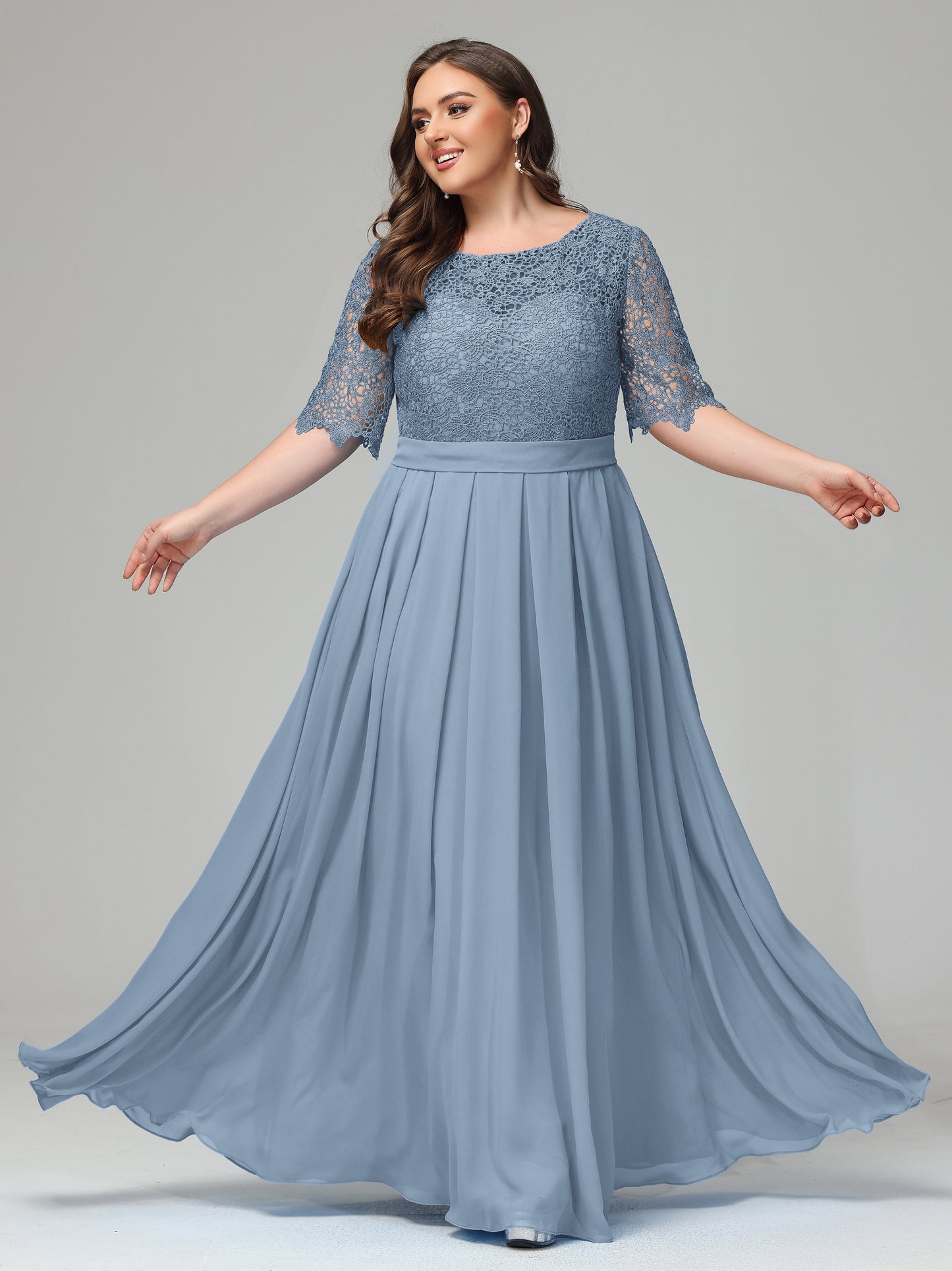 Illussion Neckline and Back Half Sleeves Scoop Lace Plus Size Bridesmaid Dresses