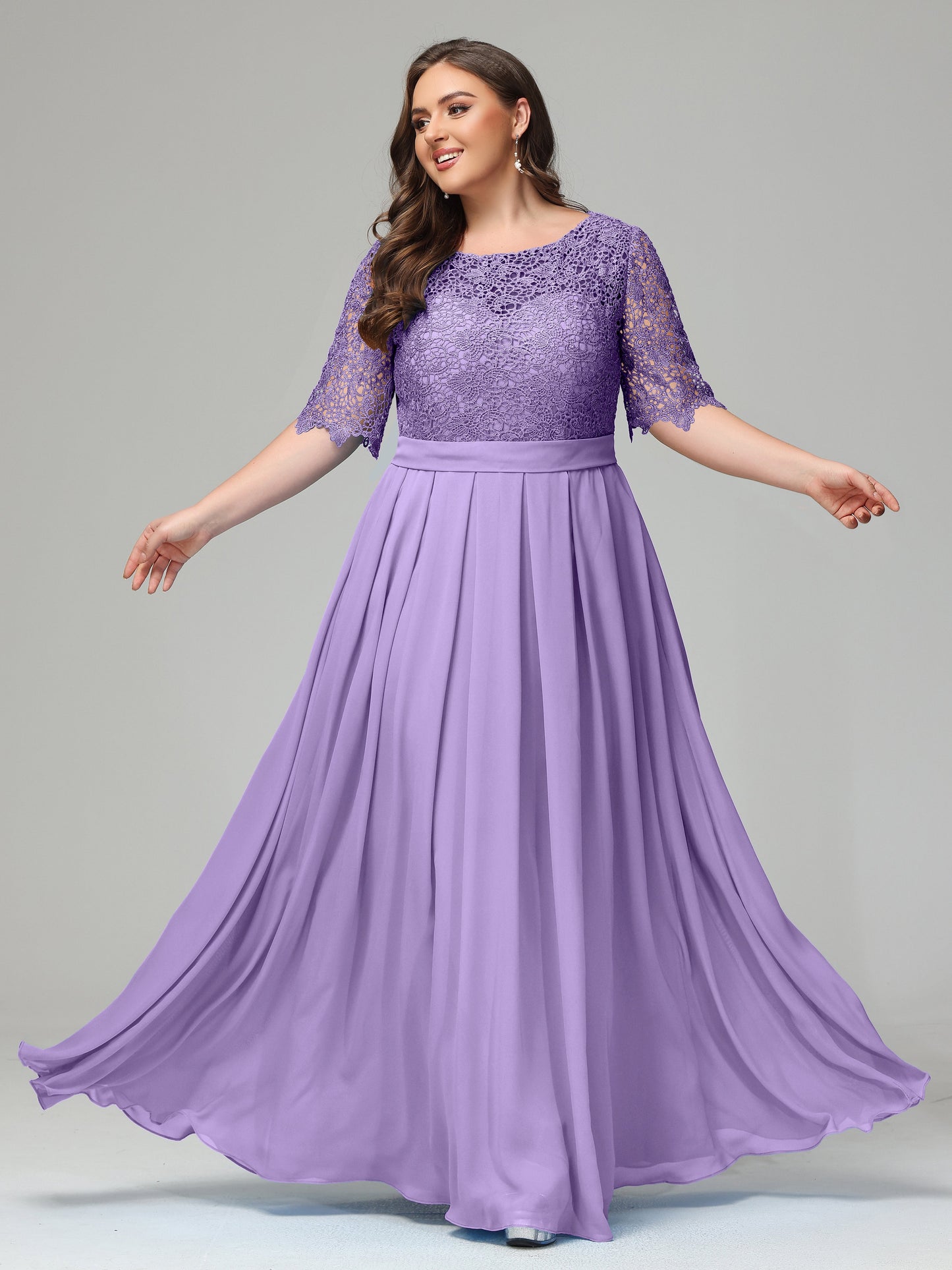 Illussion Neckline and Back Half Sleeves Scoop Lace Plus Size Bridesmaid Dresses