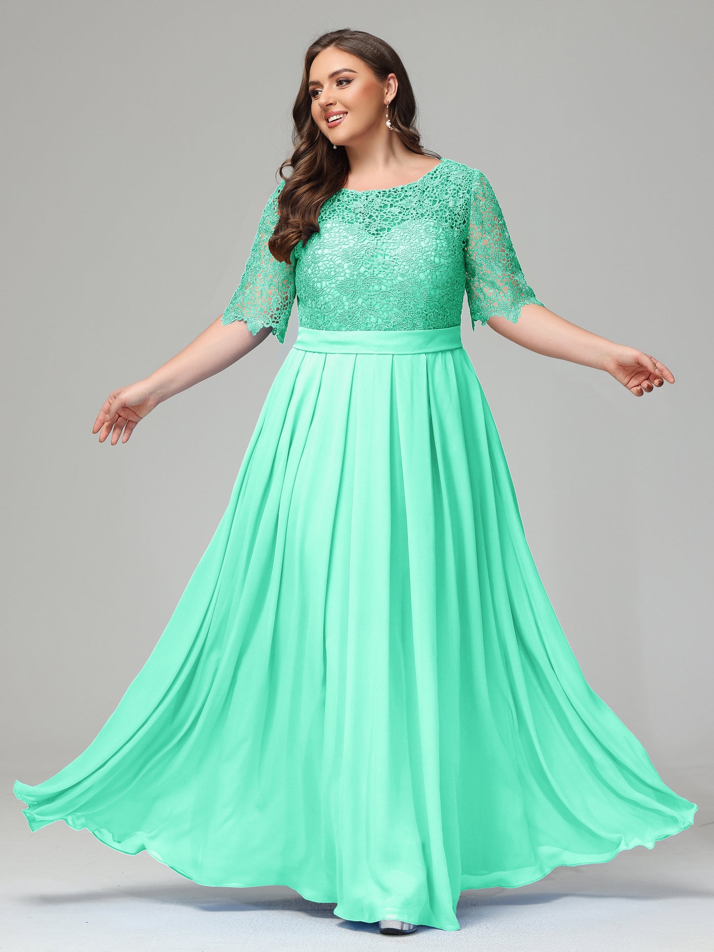 Illussion Neckline and Back Half Sleeves Scoop Lace Plus Size Bridesmaid Dresses