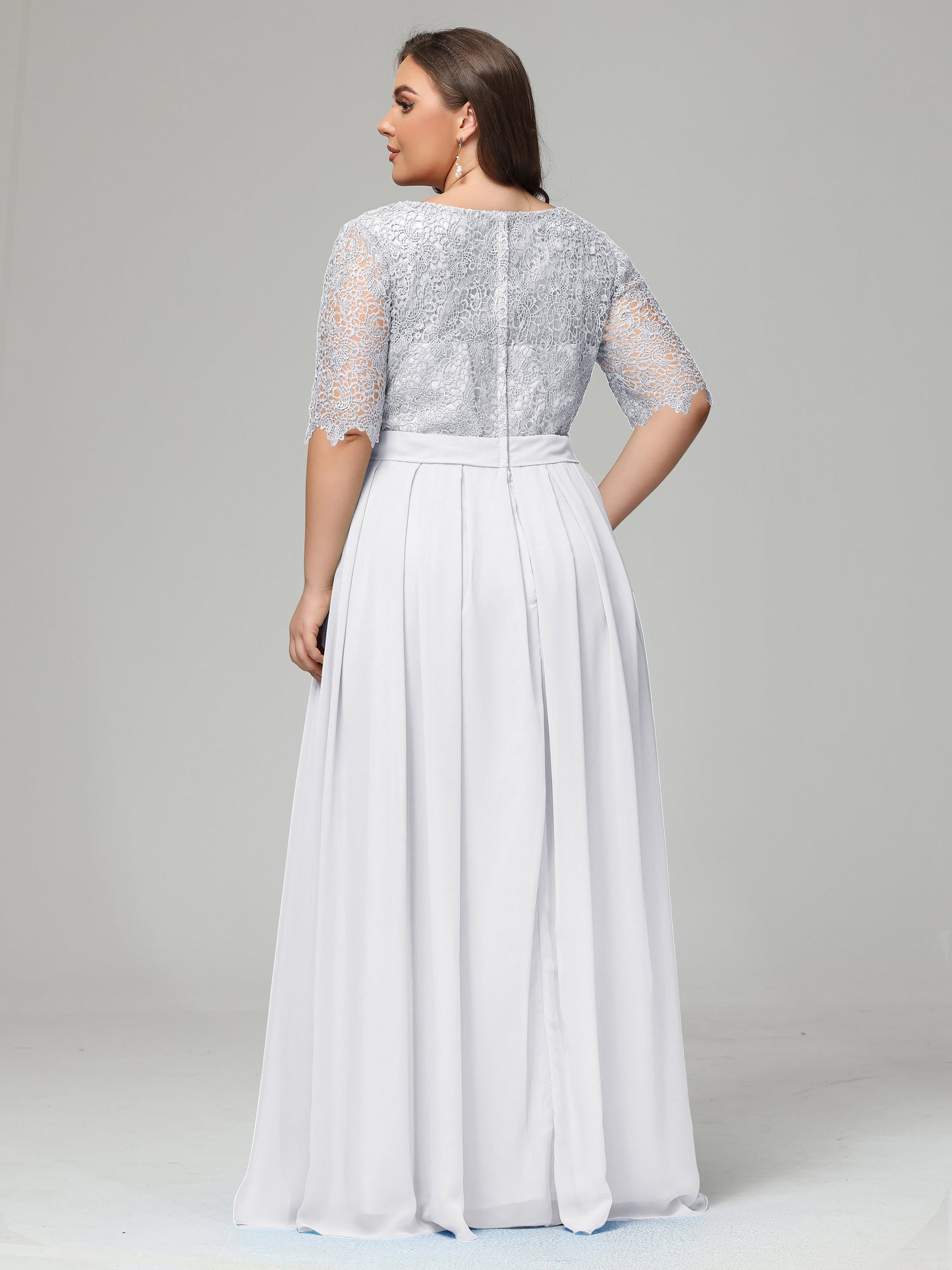 Illussion Neckline and Back Half Sleeves Scoop Lace Plus Size Bridesmaid Dresses