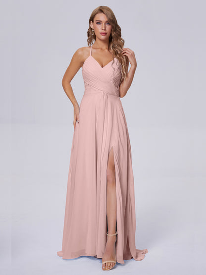 Bridesmaid Dress Dusty Rose Unique Spaghetti Straps Maxi Chiffon Bridesmaid Dresses with Slit