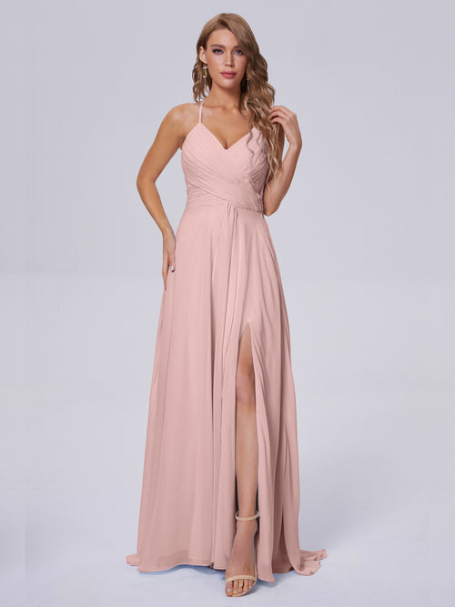 Bridesmaid Dress Dusty Rose Unique Spaghetti Straps Maxi Chiffon Bridesmaid Dresses with Slit