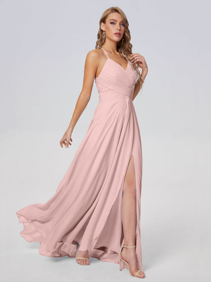 Bridesmaid Dress Dusty Rose Unique Spaghetti Straps Maxi Chiffon Bridesmaid Dresses with Slit