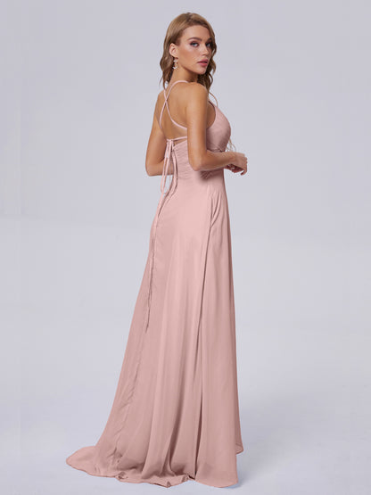 Bridesmaid Dress Dusty Rose Unique Spaghetti Straps Maxi Chiffon Bridesmaid Dresses with Slit