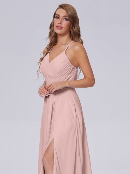 Bridesmaid Dress Dusty Rose Unique Spaghetti Straps Maxi Chiffon Bridesmaid Dresses with Slit